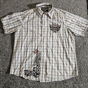 Echo Unlimited Mens XL Button Down Shirt Shortsleeve Detailed Embriodery Brown
